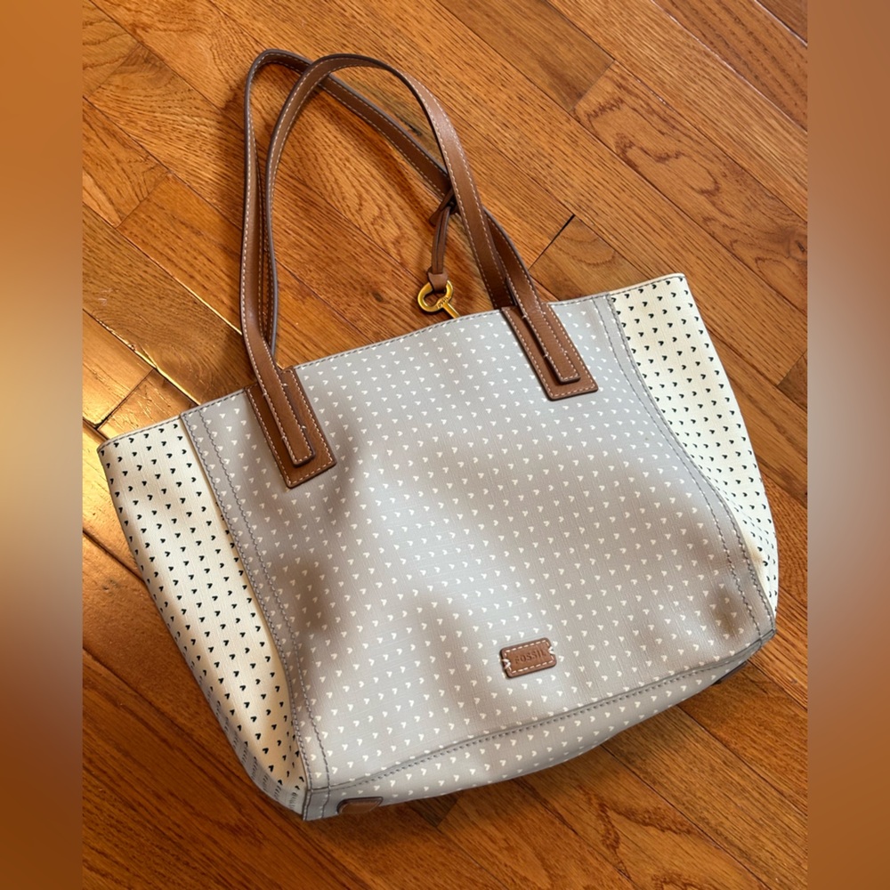 Fossil Gray and White Perforated Tote with Brown Trim